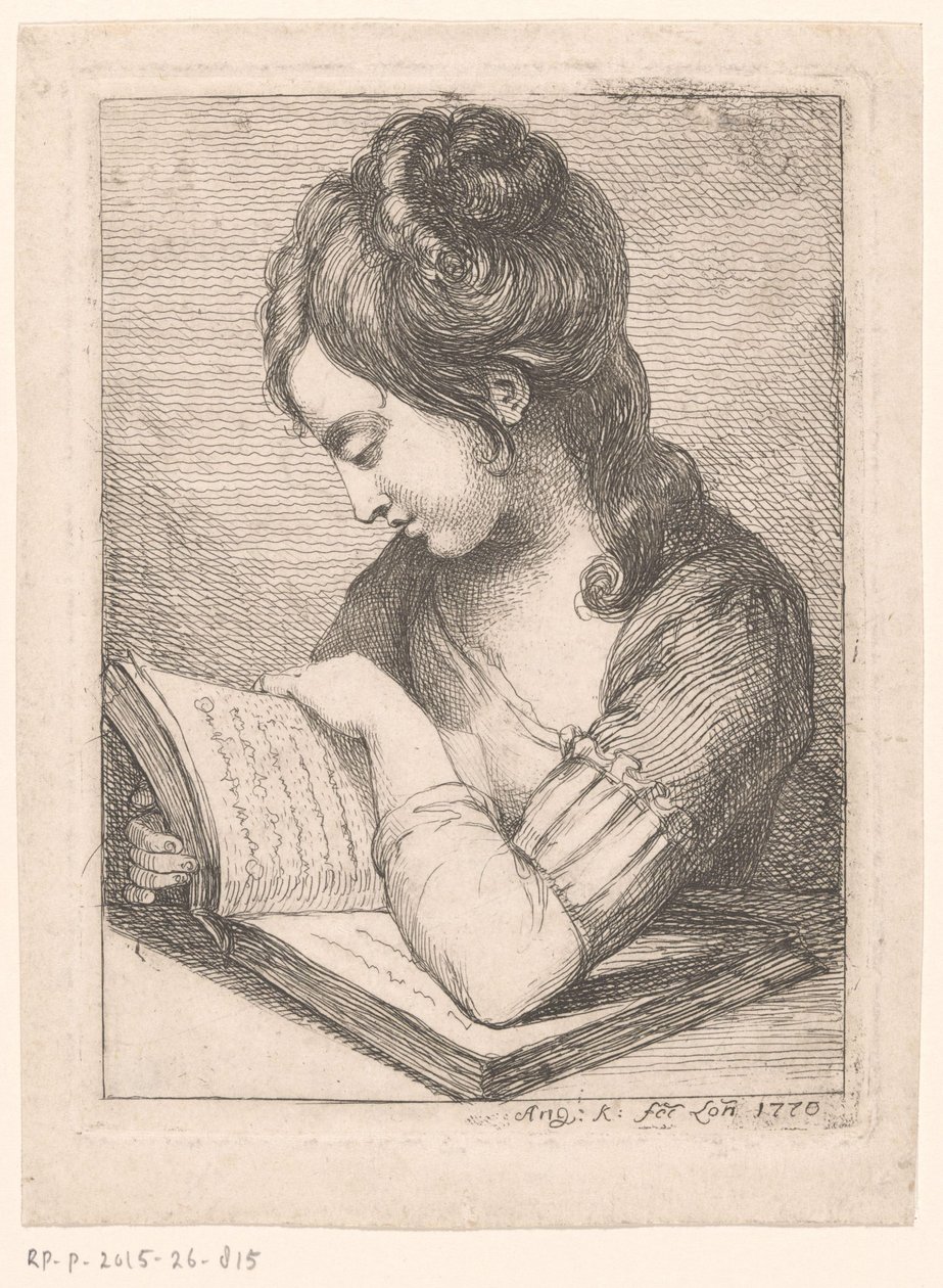 Young Woman Reading at a Table, Her Elbow Resting on a Book by Angelica Kauffmann
