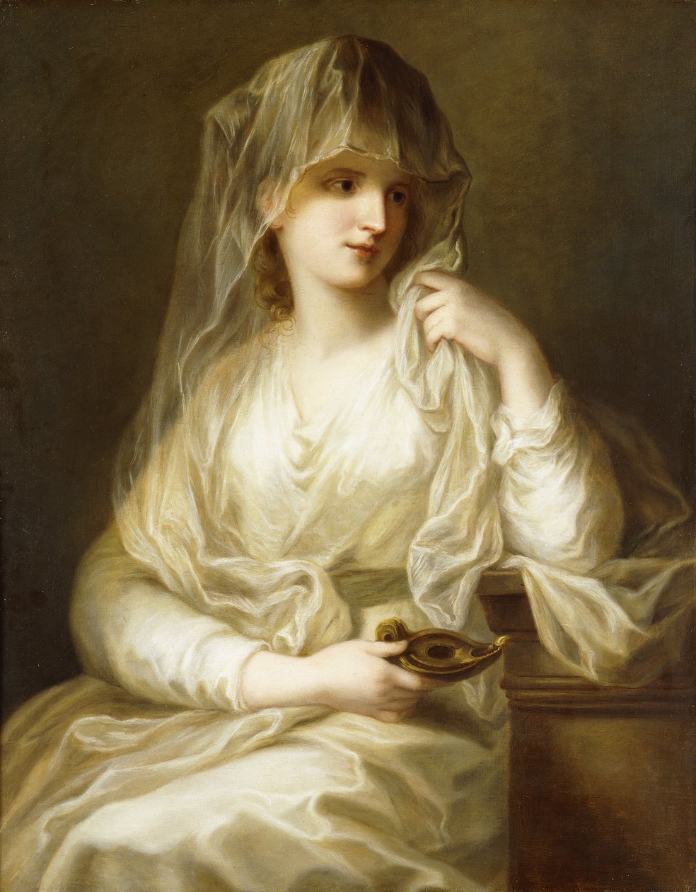 Tuccia, the Vestal Virgin, three quarter length, holding a lamp by Angelica Kauffmann