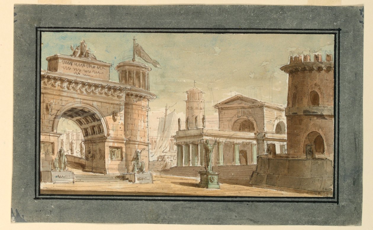 Stage Design, Group of Buildings Near Port by Angelo Toselli