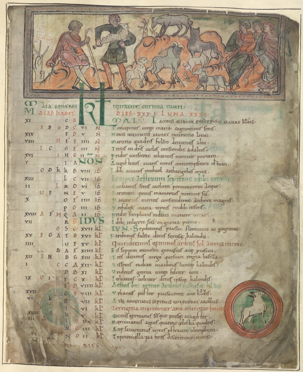 Calendar page for May. Tending sheep. Two shepherds with their flock, one holding a crook, and three seated figures. At foot, Aries in a roundel by Anglo Saxon