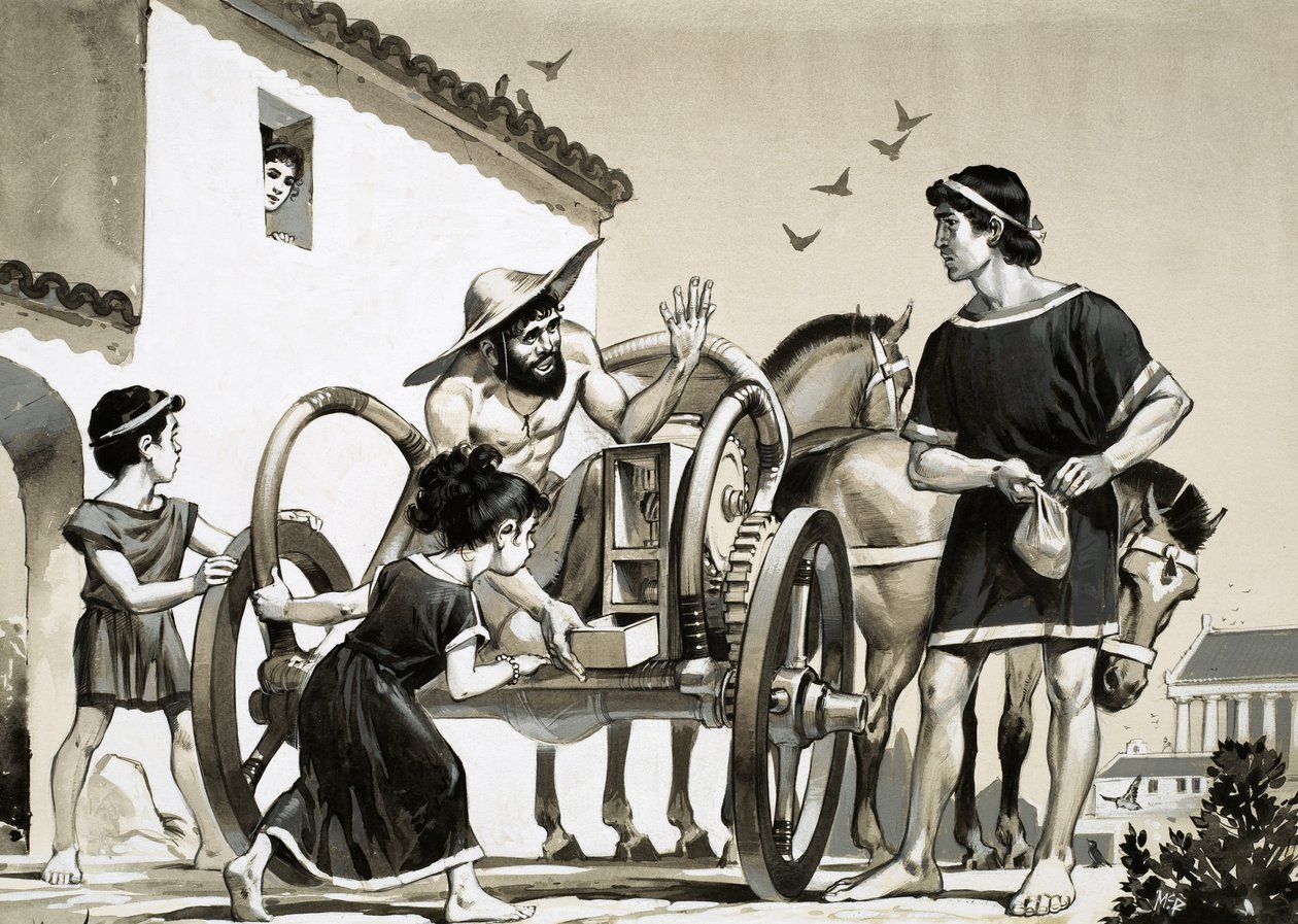 Merchant selling items off the back of a chariot in Roman times by Angus McBride