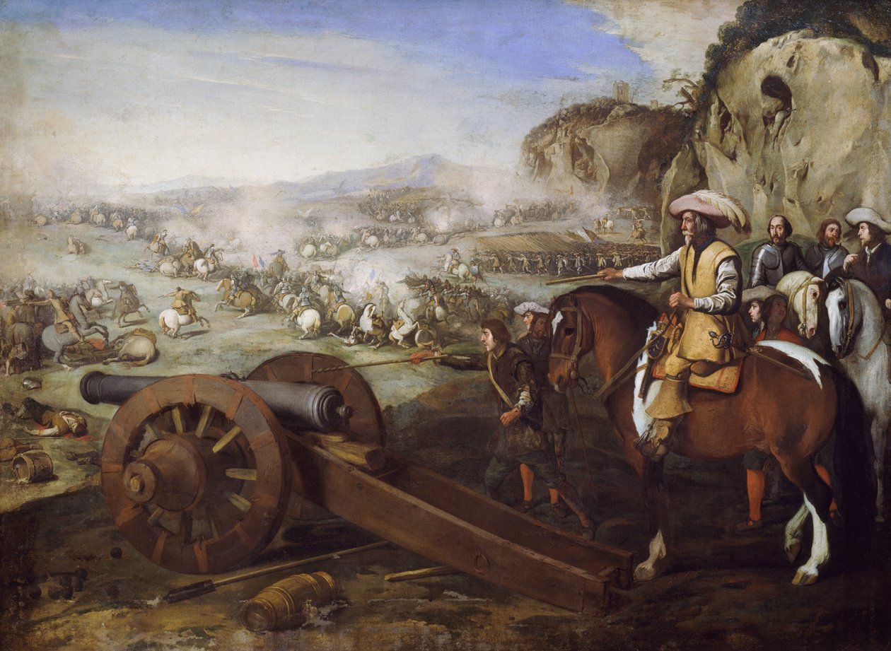 Captain on horseback ordering to fire cannon during battle by Aniello Falcone