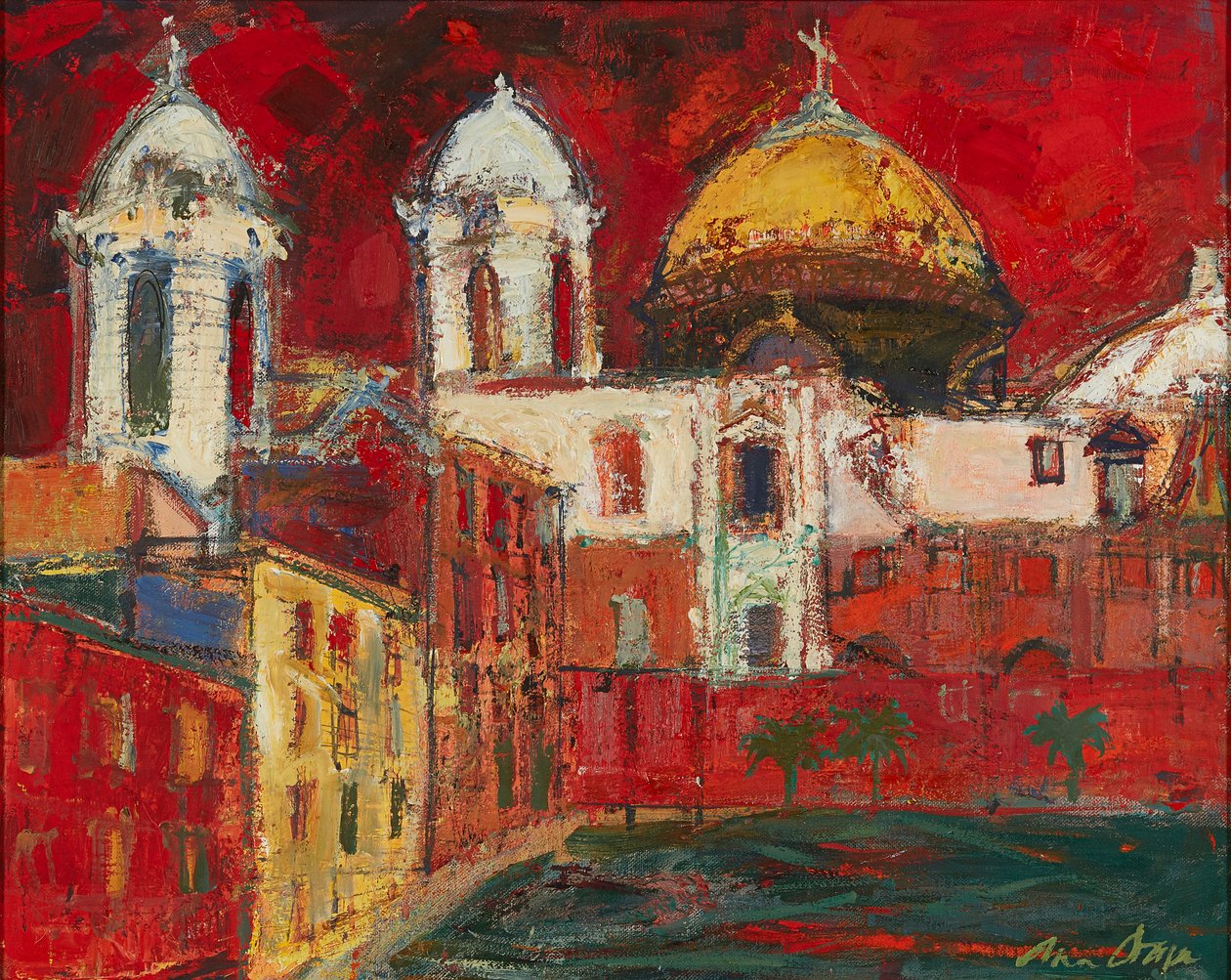 Cadiz Cathedral And Buildings, Red Sky by Ann Oram