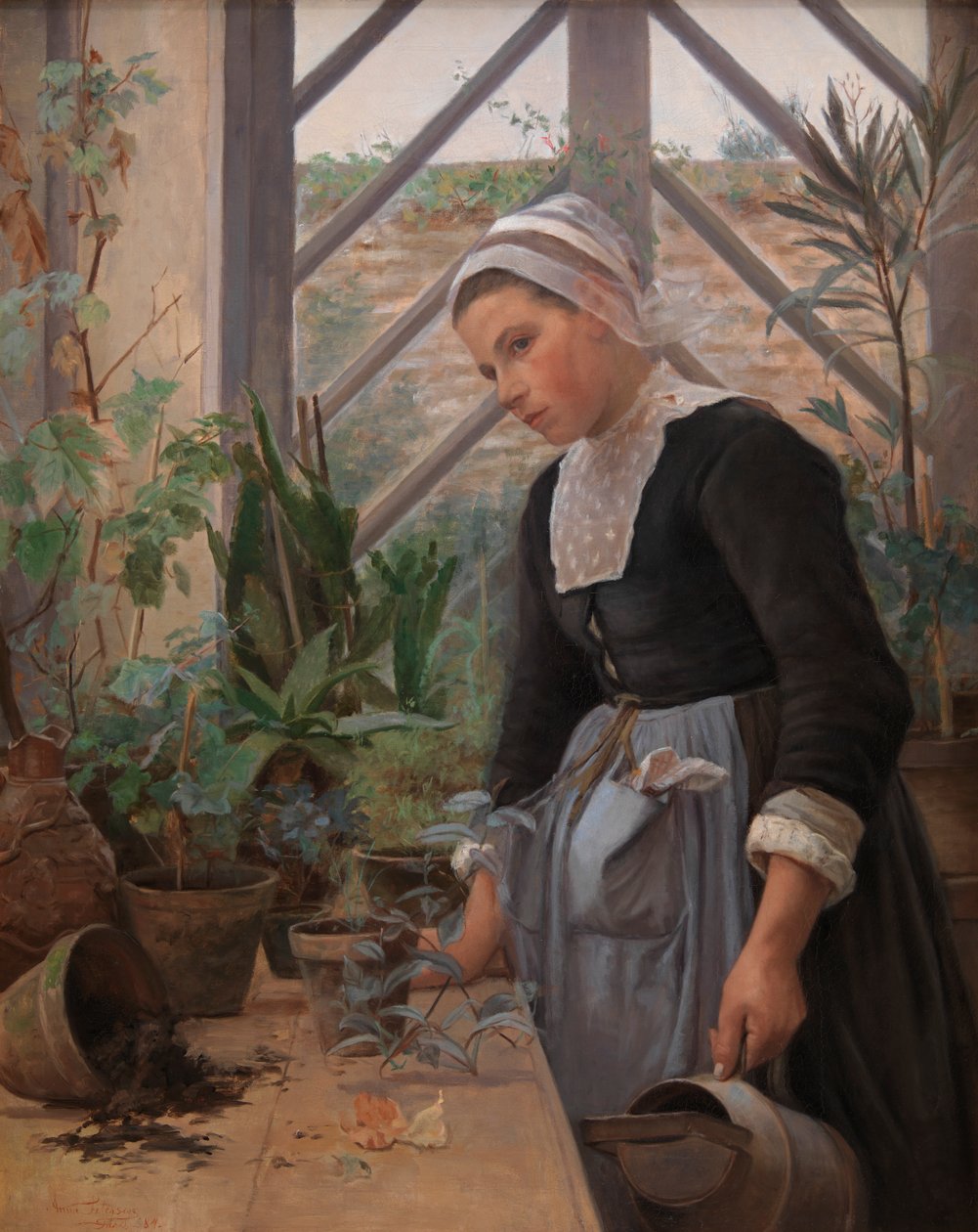 Breton Girl Looking after Plants in Hothouse, 1884 by Anna Petersen