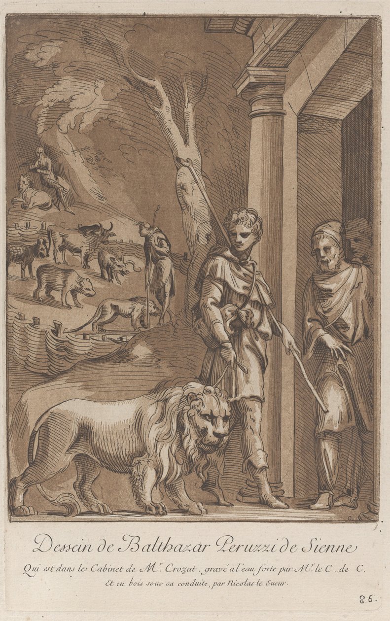 A shepherd holding a lion on a leash in the foreground by Anne Claude Philippe de