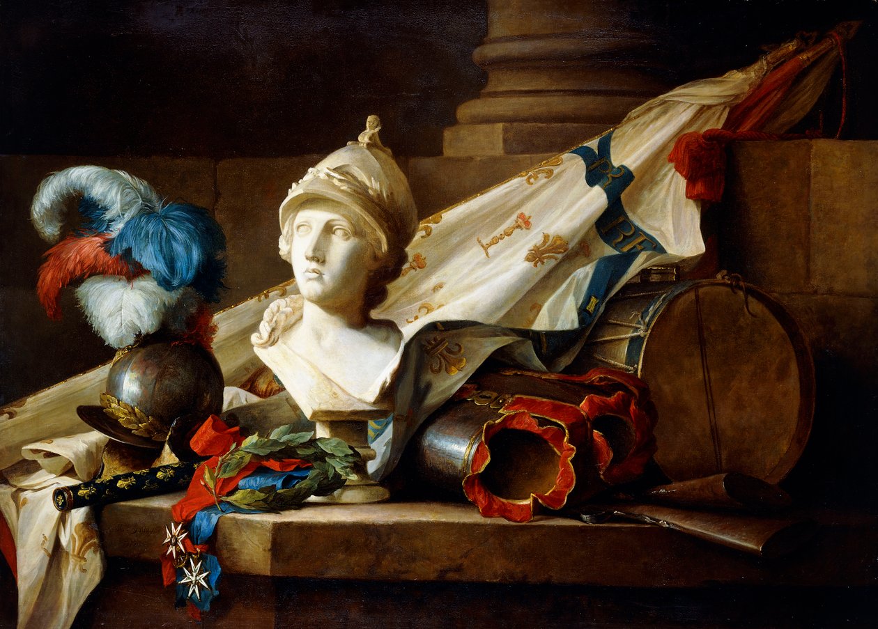 A Bust of Minerva with Armour and Weapons on a Stone Ledge by Anne Vallayer Coster