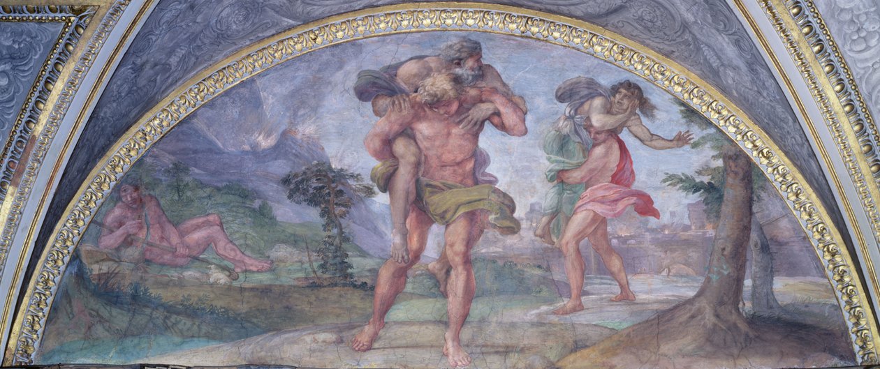 Lunette depicting Aeneas Fleeing from Burning Troy Carrying his Father Anchises Followed by Ascanius Carrying his Mother, from the Camerino by Annibale Carracci