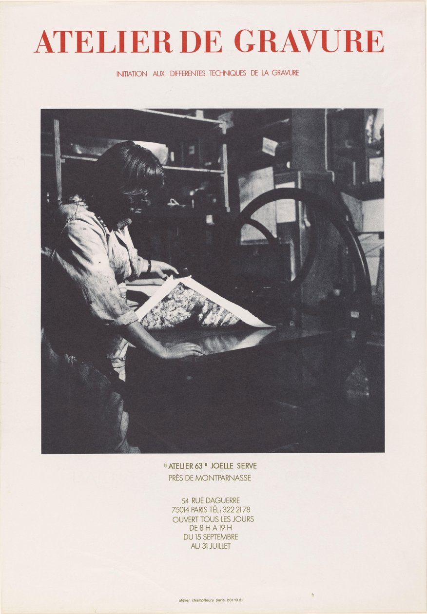 Poster of Printing House Atelier 63 in Paris (title: Atelier de gravure, Atelier 63 Joelle Serve) by Anonymous