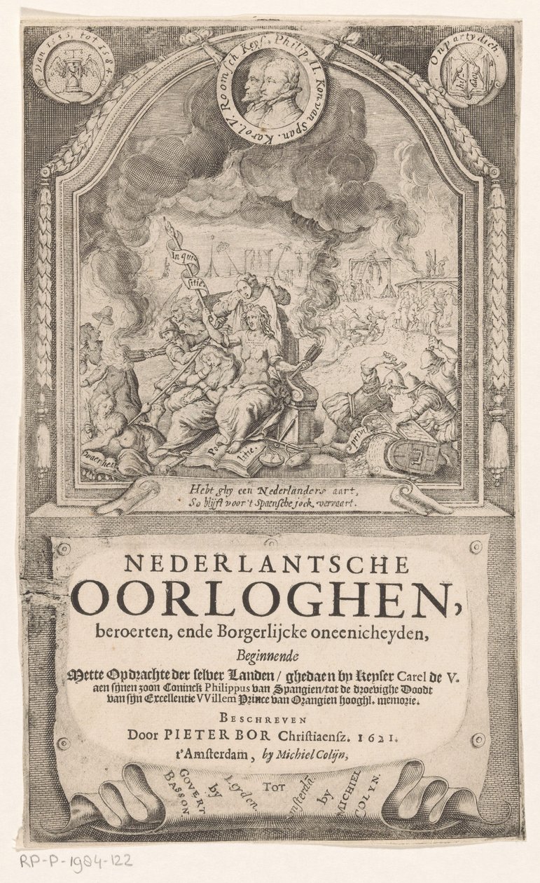 Allegorical Representation with Spanish Inquisition, Liberty, and Truth (Title Page for: Pieter Bor, Nederlandsche Oorloghen, 1621) by Anonymous