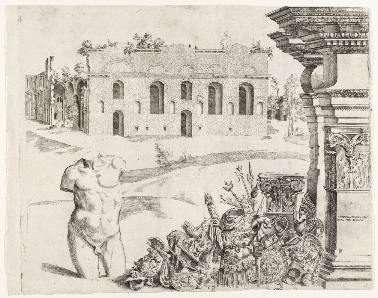 Architectural Capriccio with Spolia, a Male Torso, and a View of the Baths of Diocletian by Anonymous