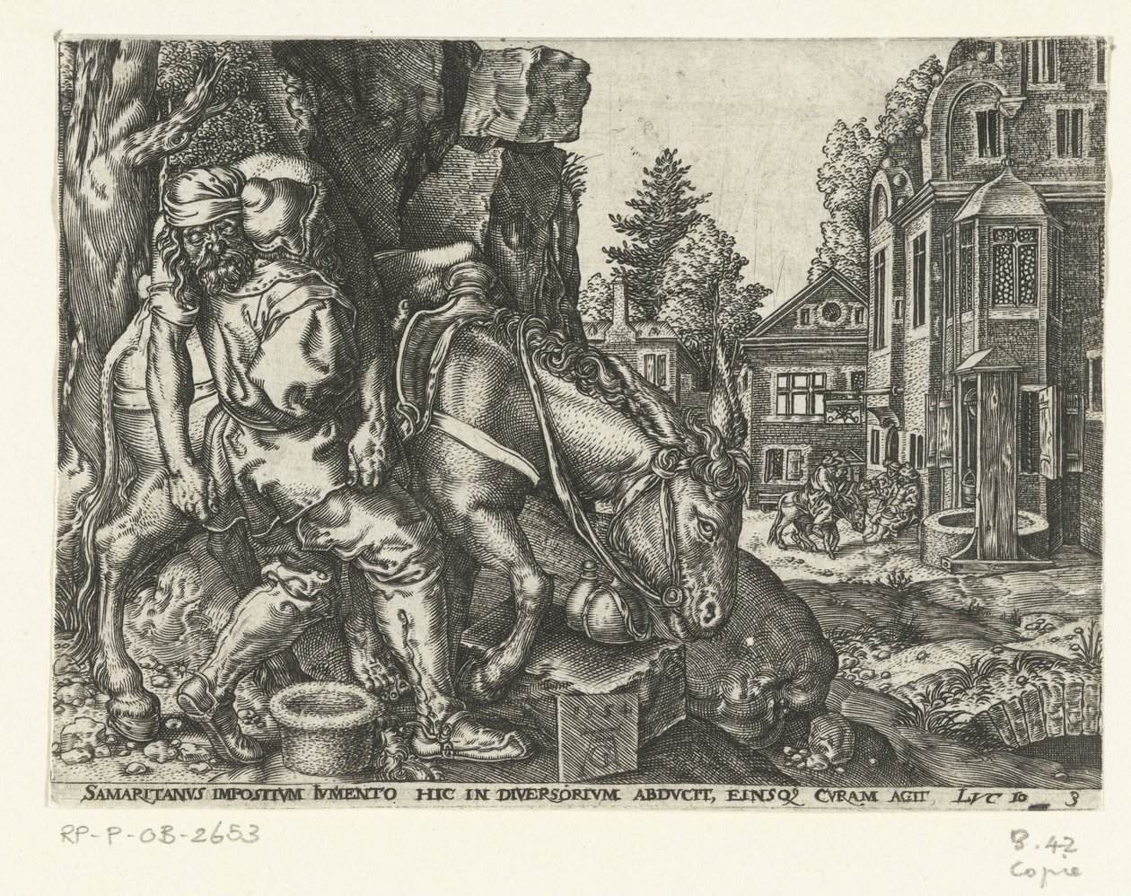 Good Samaritan Places the Wounded Man on His Donkey (series: Parable of the Good Samaritan) by Anonymous