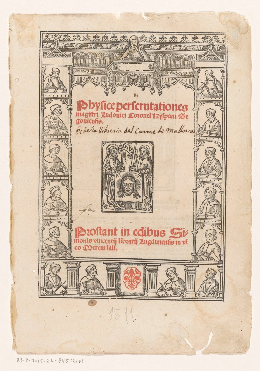 Decorative Frame with Fifteen Scholars (Title Page for: Luis Coronel, Physice Perscrutationes, 1511) by Anonymous