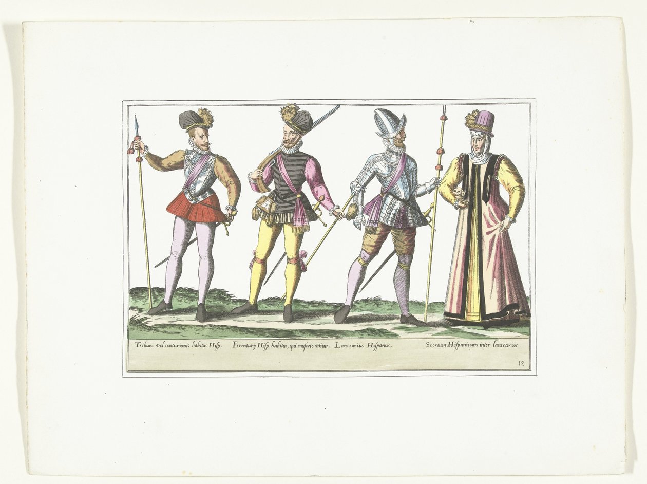 Three Spanish soldiers in uniform and a sutler, ca. 1580 by Anonymous