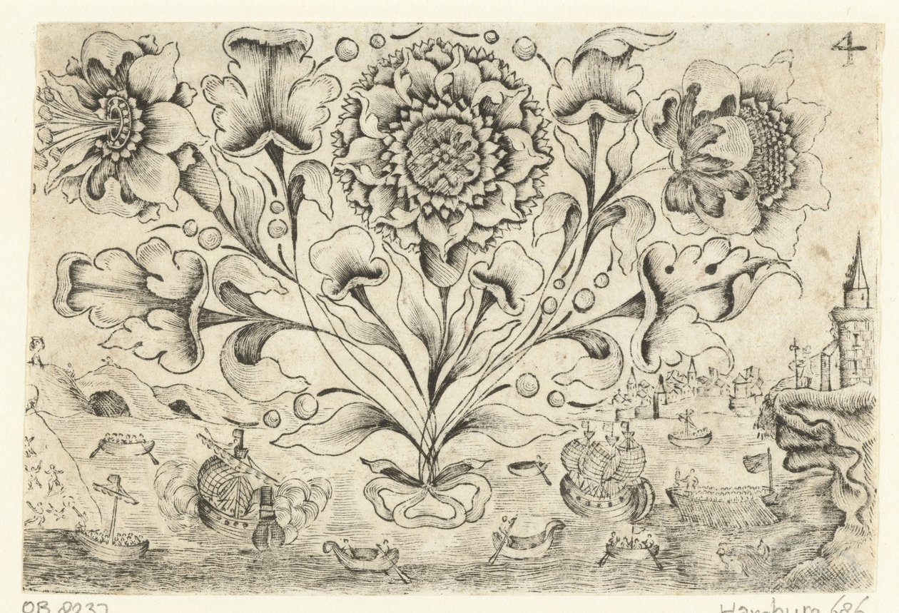 Three Flowers and Four Leaves by Anonymous