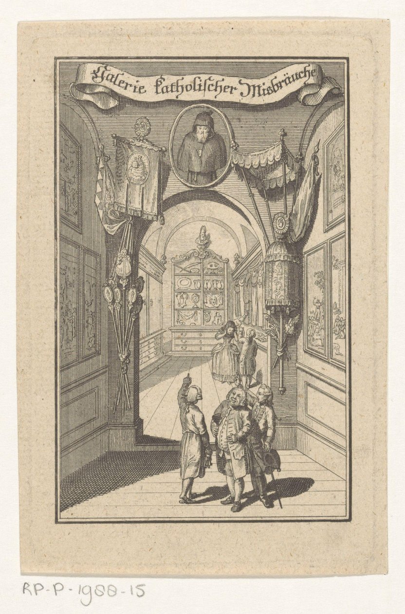 Figures in Gallery with Portrait and Liturgical Objects by Anonymous