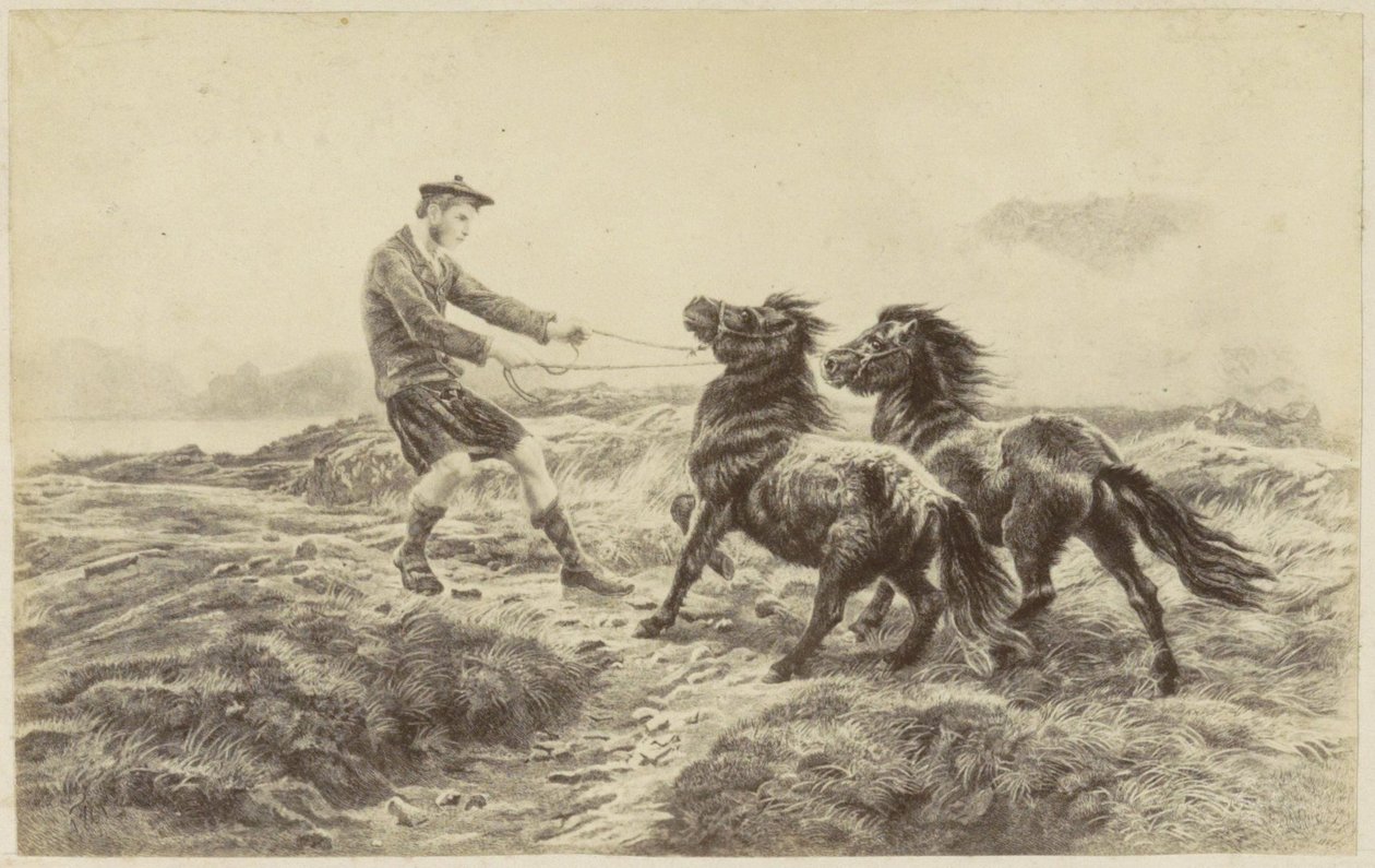 Photoreproduction of a print of a Scottish Man with Two Ponies by Anonymous
