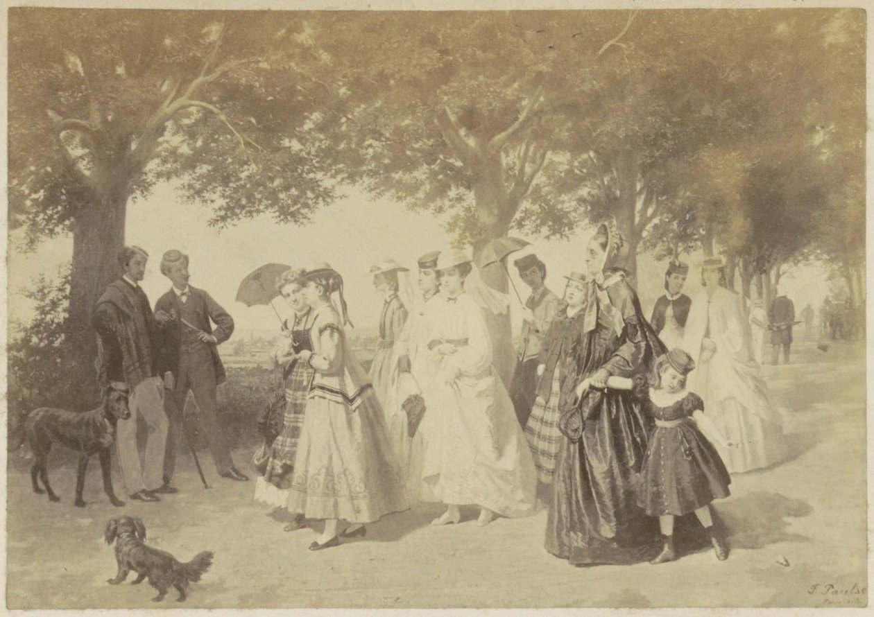 Photoreproduction of a painting of strolling women and men in a park by Anonymous