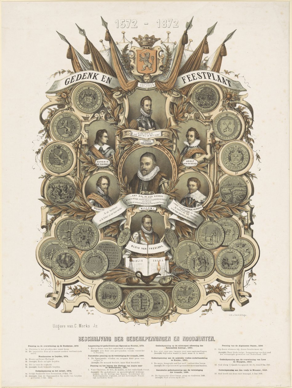 Commemorative and Festive Plate with Portraits of William I, Prince of Orange, His Sons Maurice and Frederick Henry, Princes of Orange, His Brothers Louis, Adolf and Henry, Counts of Nassau, and William Bloys van Treslong by Anonymous