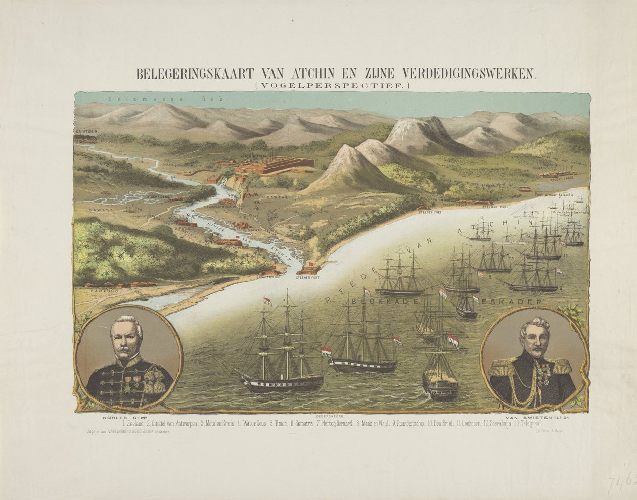 View of Aceh during the Second Aceh Expedition, 1873-1874. Siege map of Atchin and its Defenses. (Bird