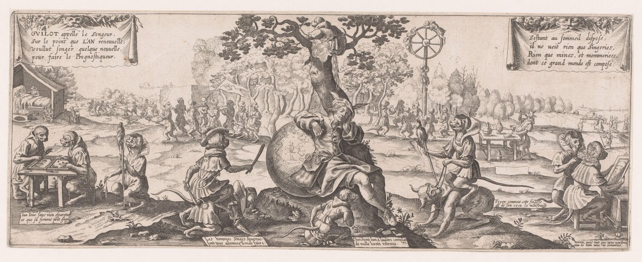 Guilot the Dreamer Asleep Under a Tree Amidst a Group of Monkeys (singerie) by Anonymous