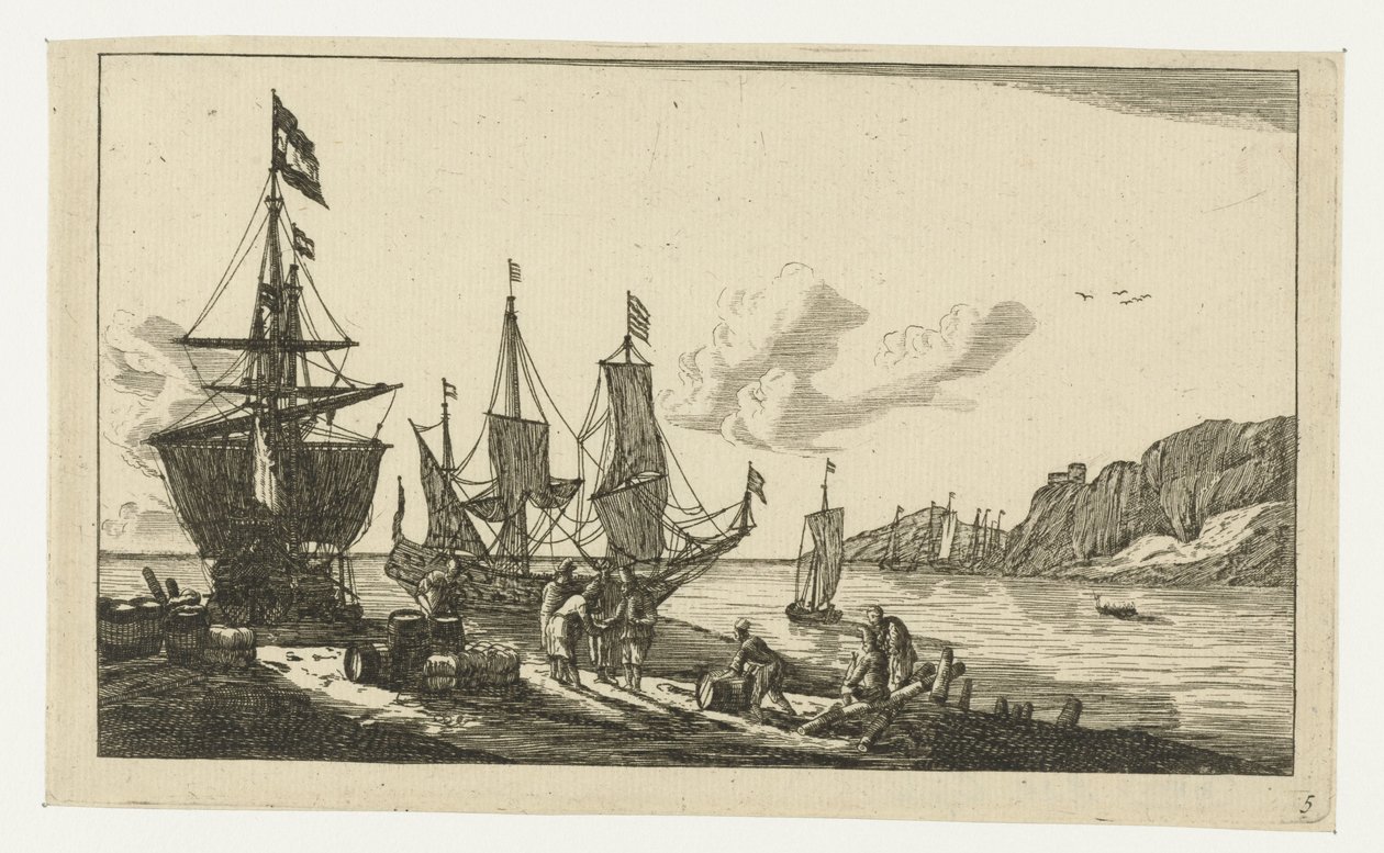 Harbor with Sailing Ships and Sailors on the Quay by Anonymous