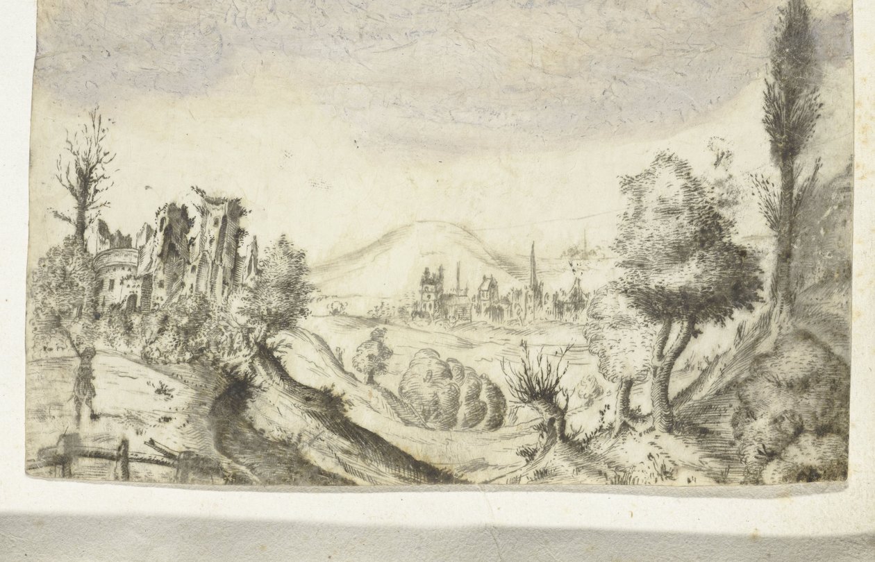 Hilly landscape with hunter and ruin by Anonymous