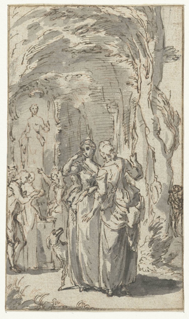 Illustration Design with Two Young Women and a Dog by Anonymous