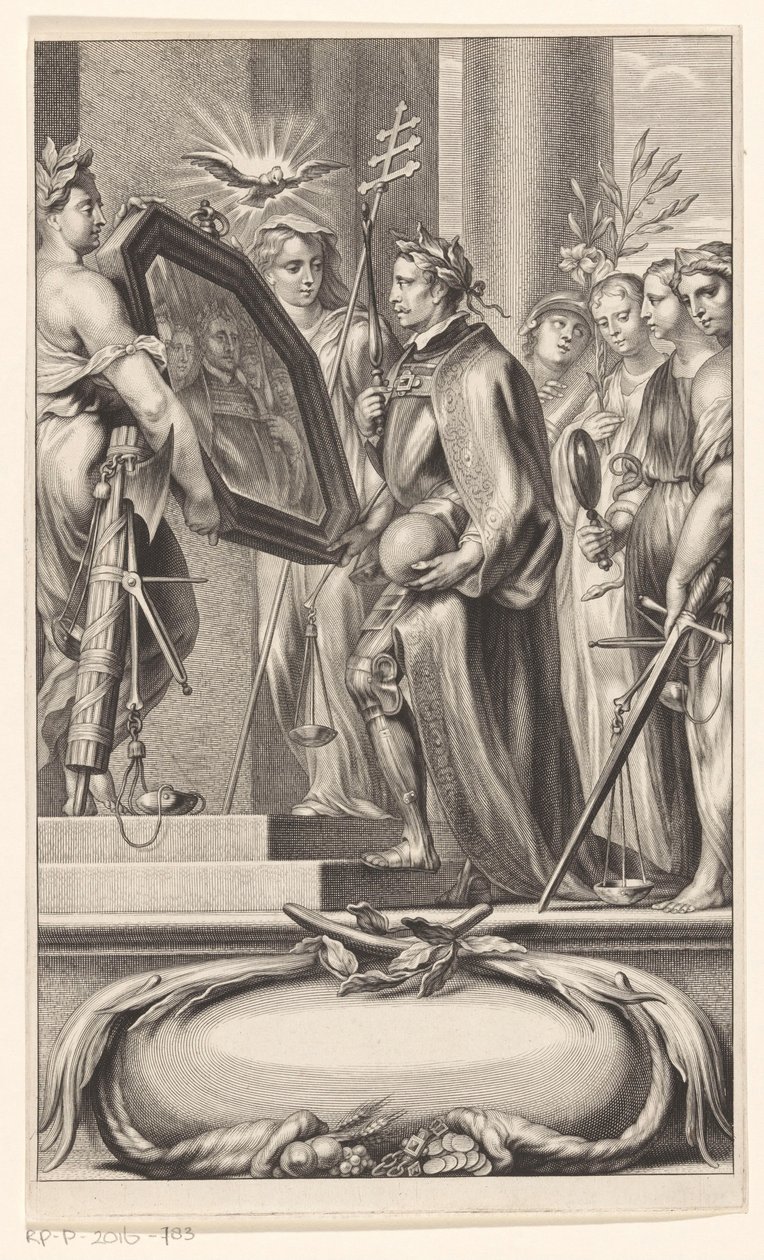 King is Shown a Mirror by Justice and Faith (Title Page for: Petrus Belluga and Camillo Borello, Speculum principum, 1655) by Anonymous