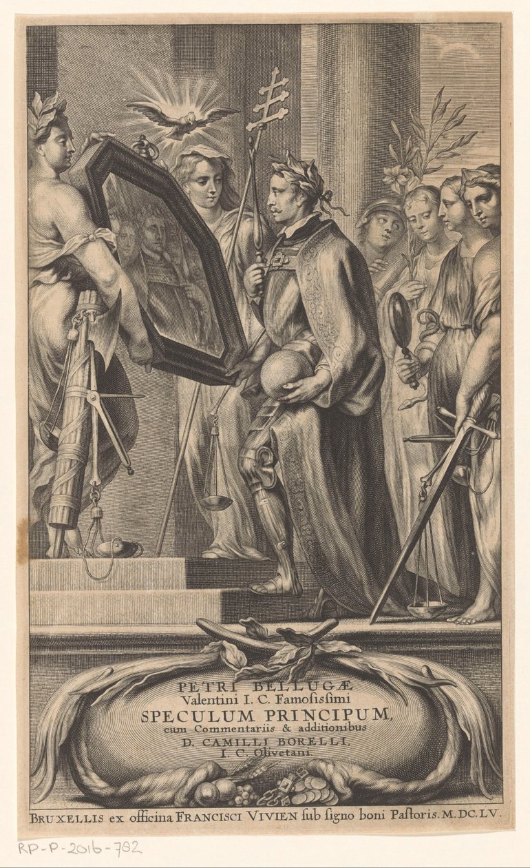King Shown a Mirror by Justice and Faith (Title Page for: Petrus Belluga and Camillo Borello, Speculum principum, 1655) by Anonymous