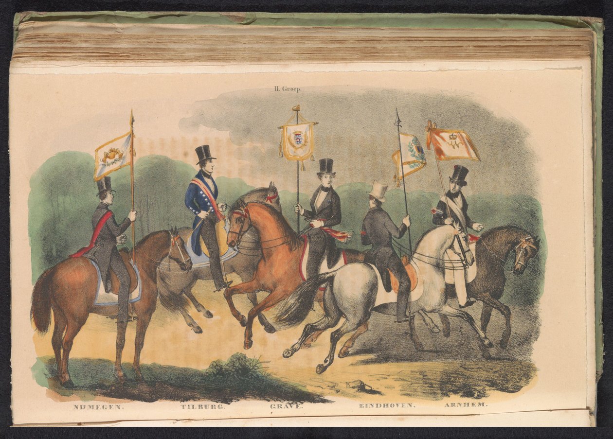 Costumes and Banners of the Honor Guards of Nijmegen, Tilburg, Grave, Eindhoven, and Arnhem, 1840-1842 (title on object: II. Group) by Anonymous