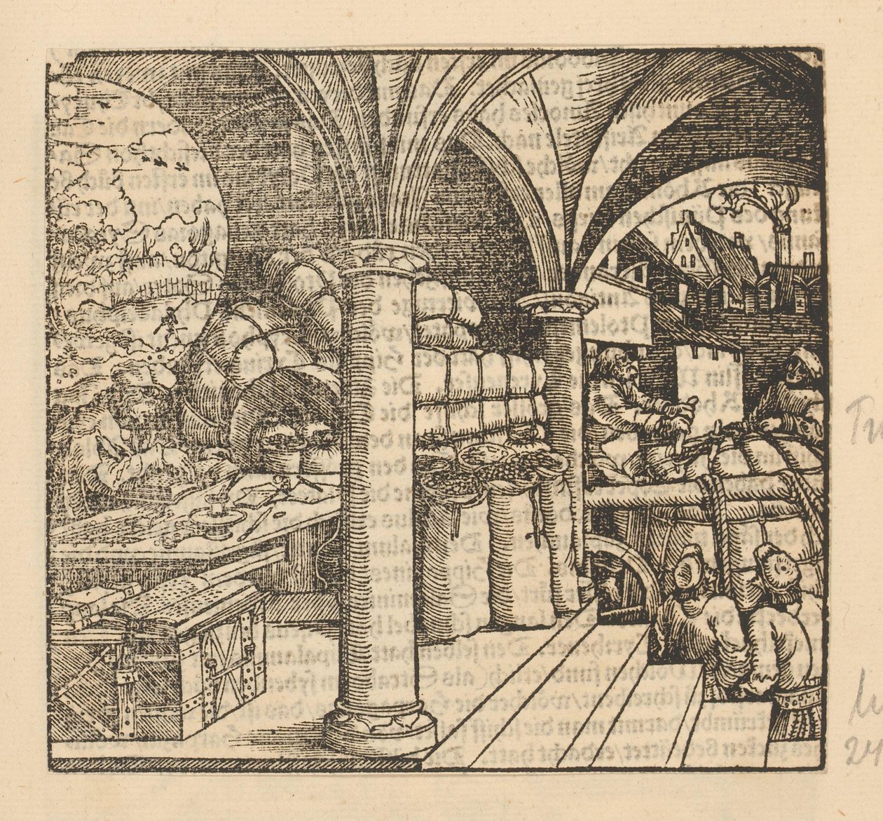 Man Working in a Vaulted Cellar Where Bags of Money Are Stored by Anonymous