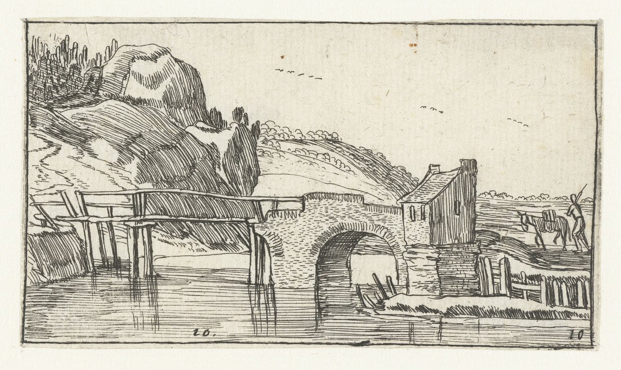 Man Driving a Donkey Towards a Bridge by Anonymous