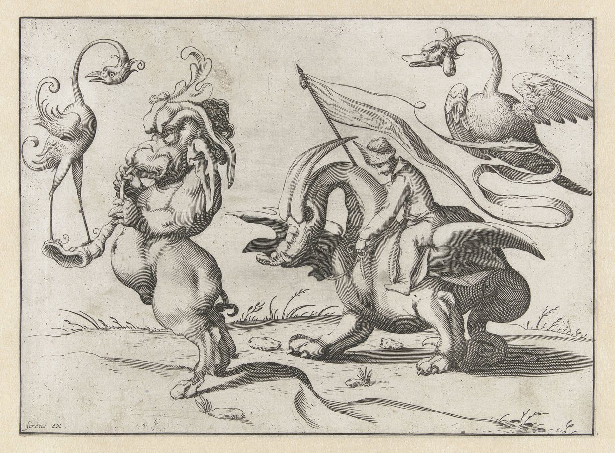 Monster with Trumpet and Crane-like Bird by Anonymous
