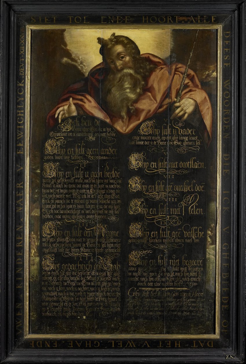 Moses Showing the Tables of the Law with the Ten Commandments in Calligraphy by Anonymous