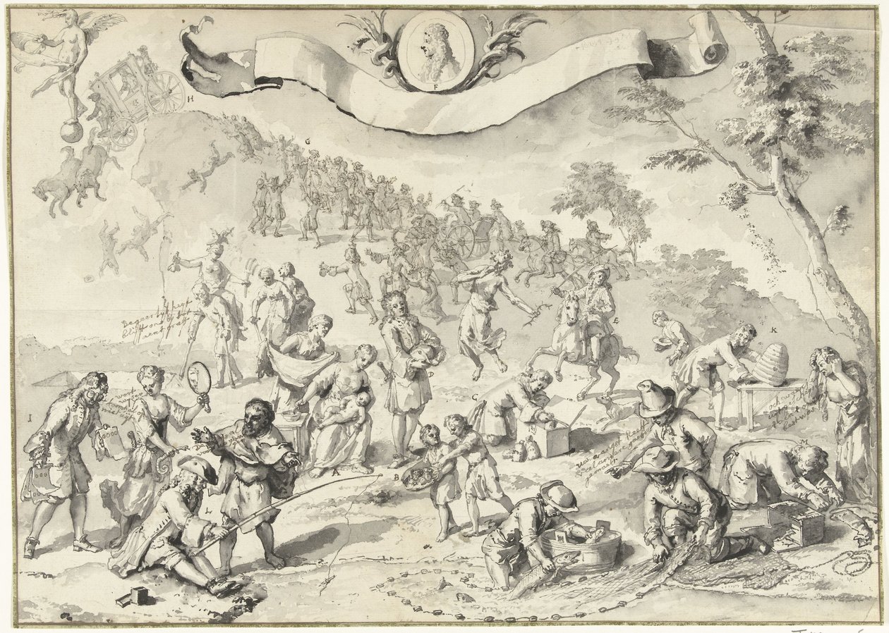 Design Drawing for the Print Greed Tries to Overtake Fortune, 1720 (Het Groote Tafereel der Dwaasheid) by Anonymous