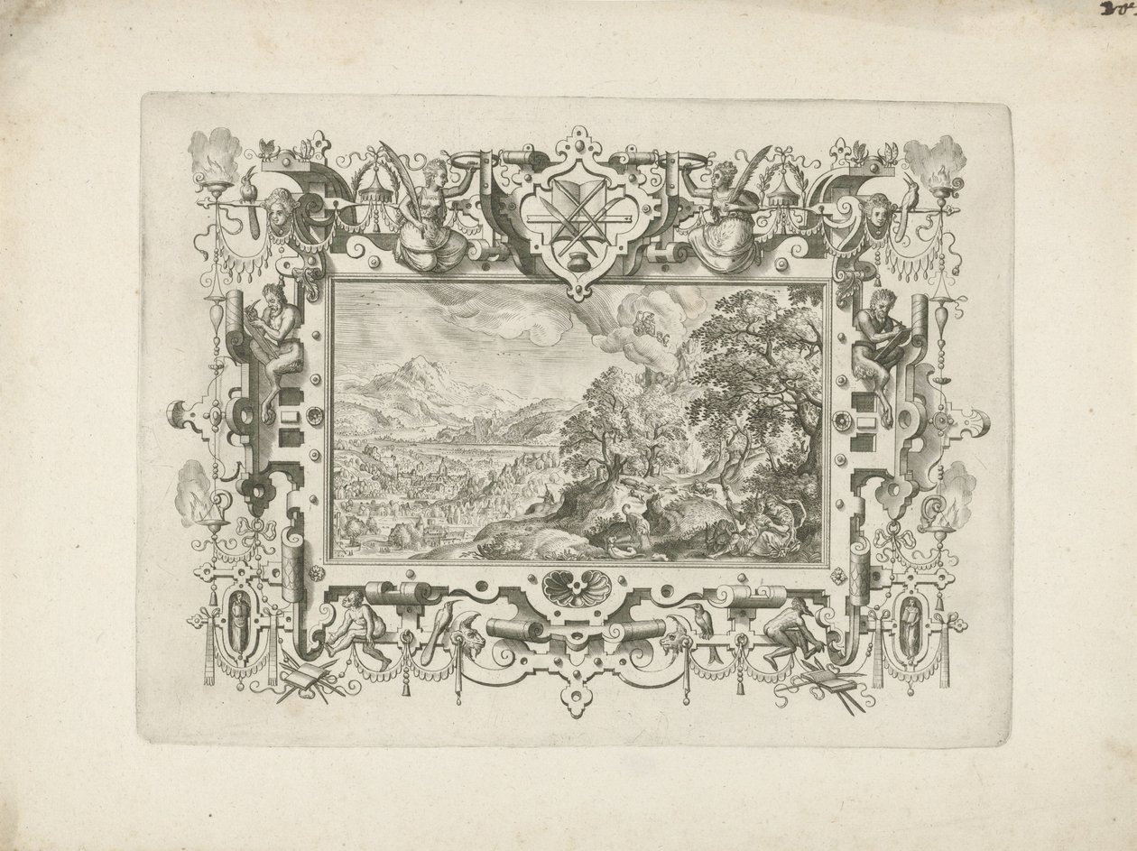 Ornamental Frame with Figures, Landscape with Venus and Adonis by Anonymous