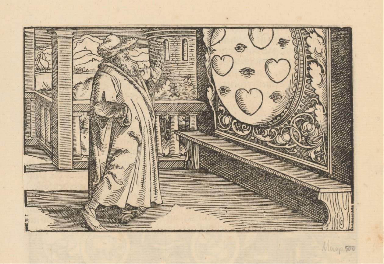 Old Man in Front of a Mirror with Hearts and Eyes by Anonymous