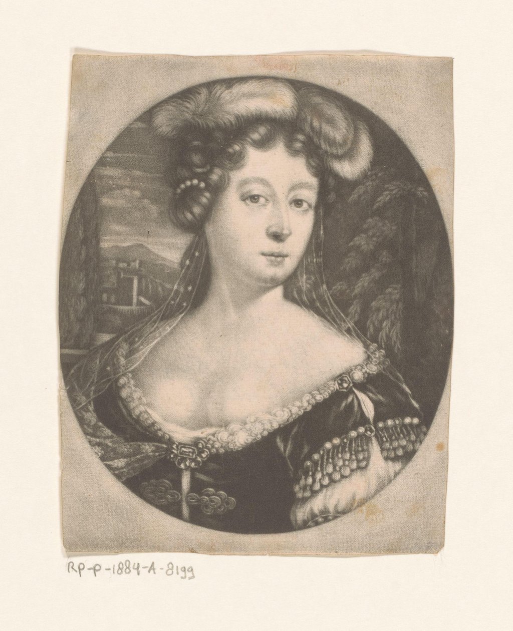 Portrait of an Unknown Woman with Feathers and Pearls in Her Hair and a Dress with Gemstones by Anonymous