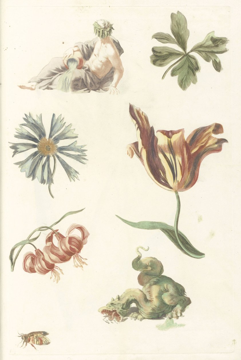 River God, a Dragon, and Four Flowers by Anonymous