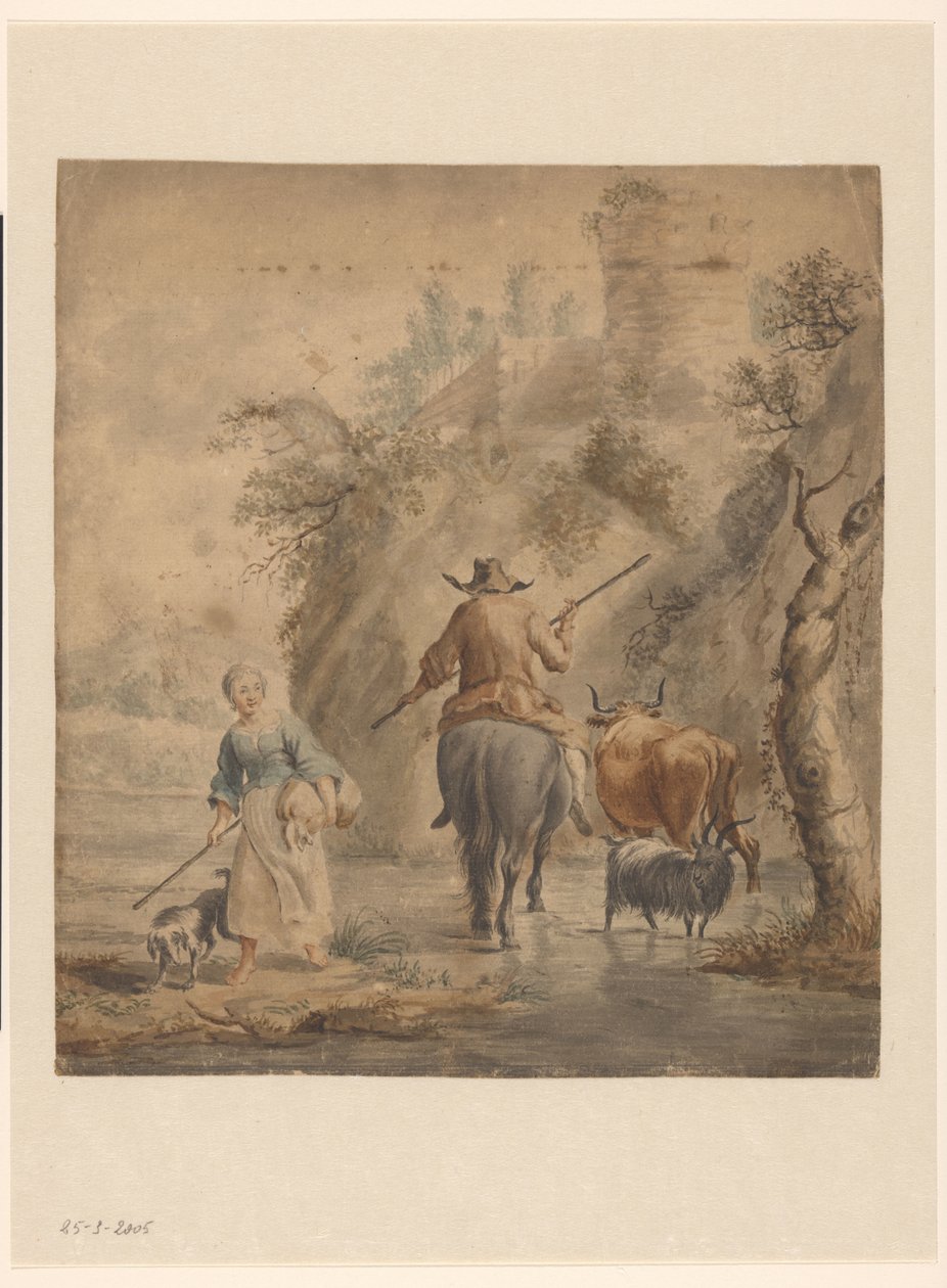 River Landscape with a Rider, Woman, and Cattle by Anonymous