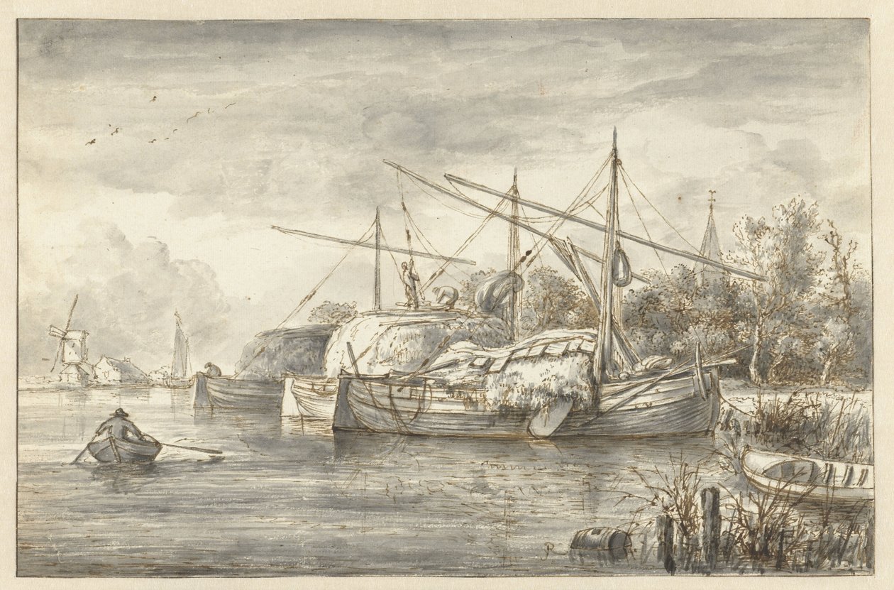 River Landscape with Several Hay Barges by Anonymous