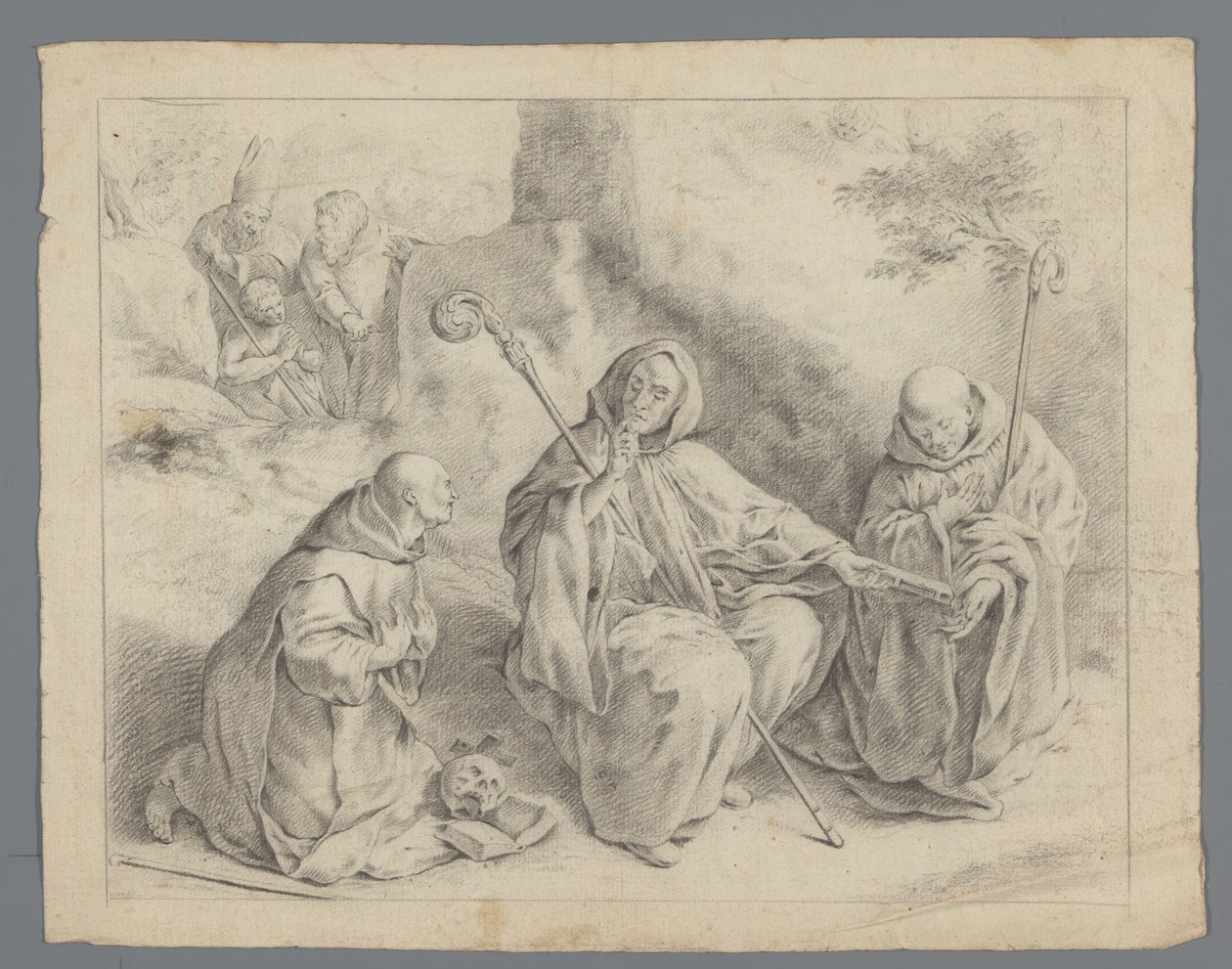 Scene from the Life of a Saint with Three Monks, a Bishop, and Two Men by Anonymous