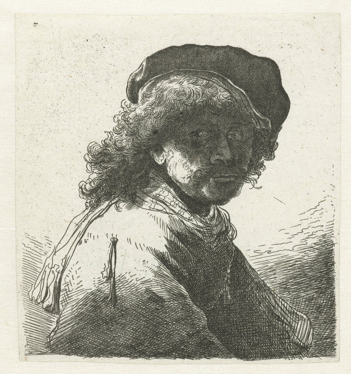 Self-portrait in a cap and scarf with the face dark: bust by Anonymous