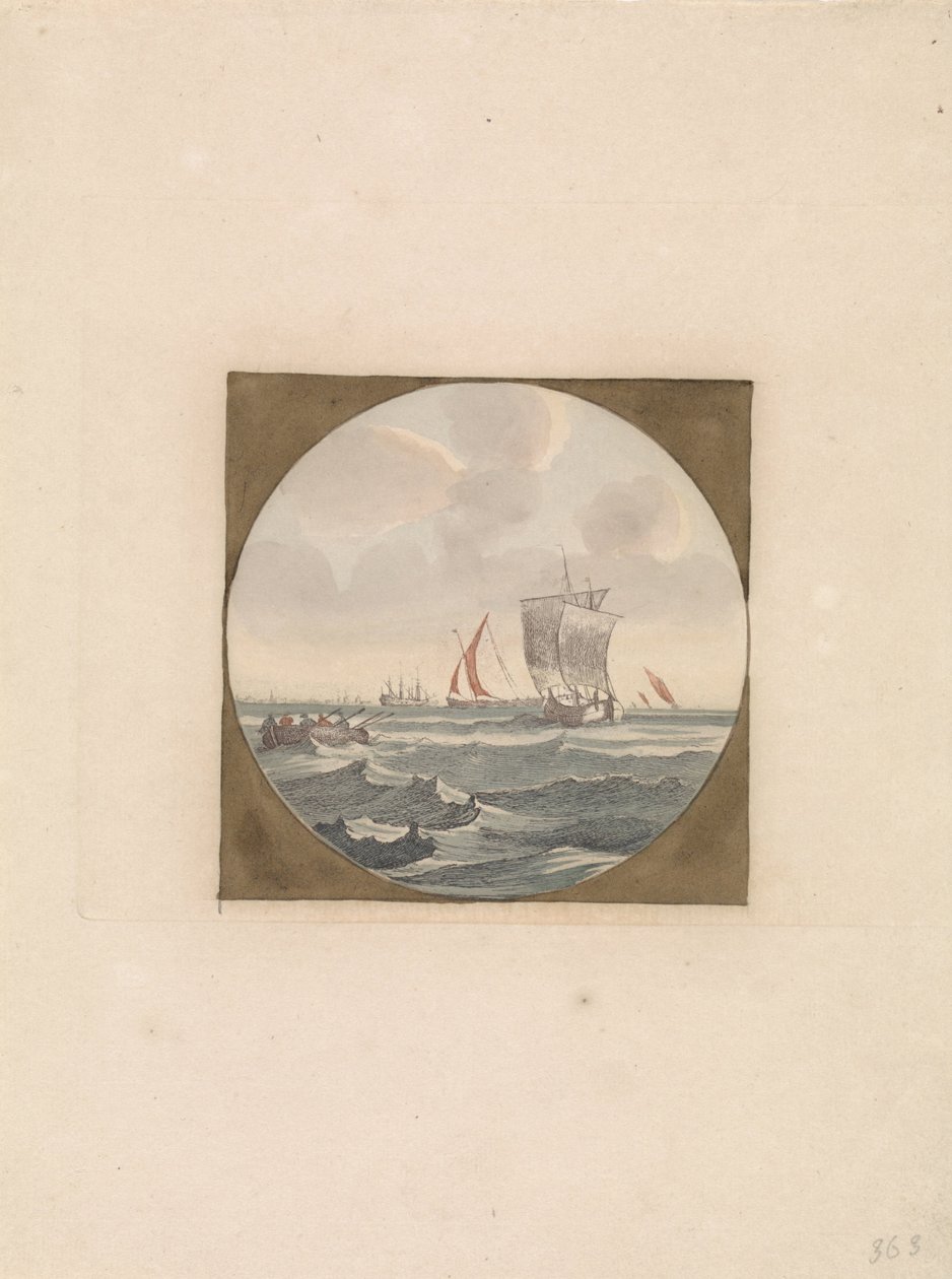 Rowboat and Sailing Ships at Sea (series title: Ships at Sea, Series B) by Anonymous