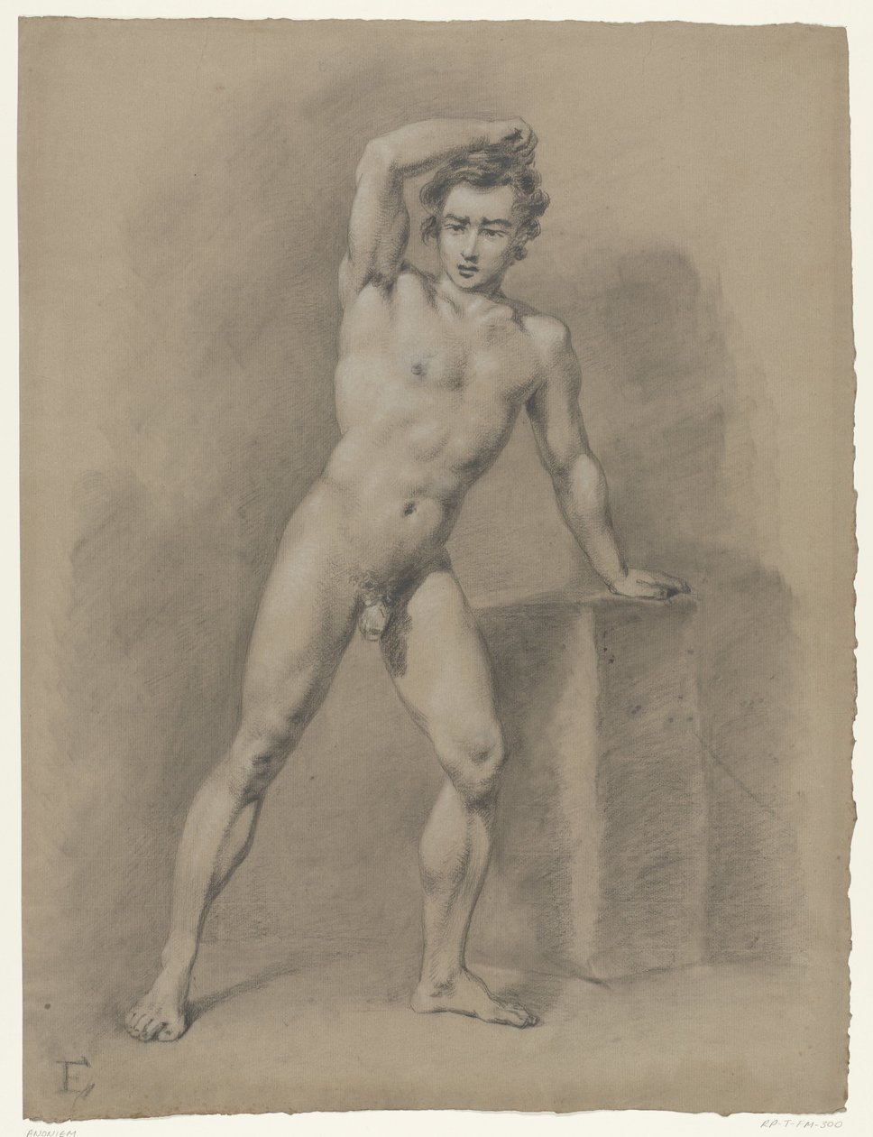 Standing Male Nude Leaning on a Block, Seen from the Front by Anonymous