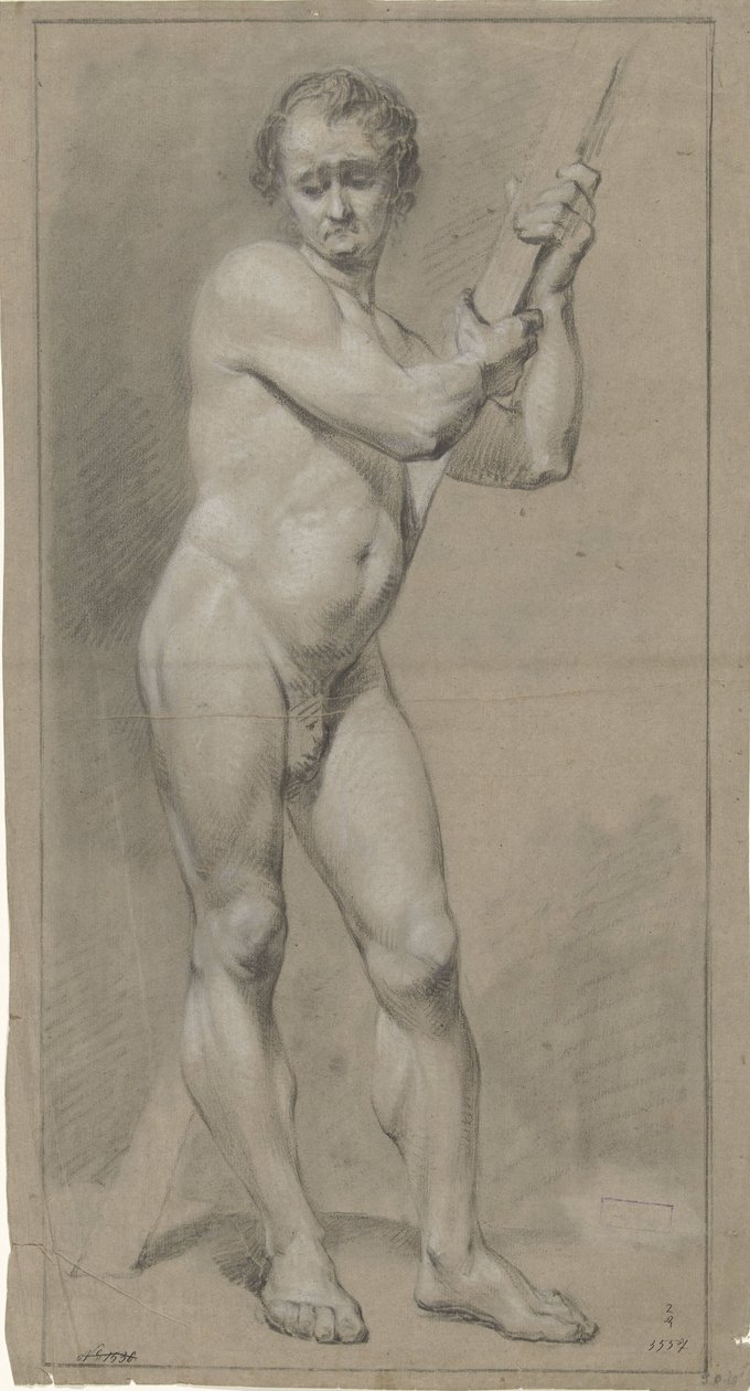 Standing Male Nude, Looking Down, Hands on a Wooden Beam by Anonymous