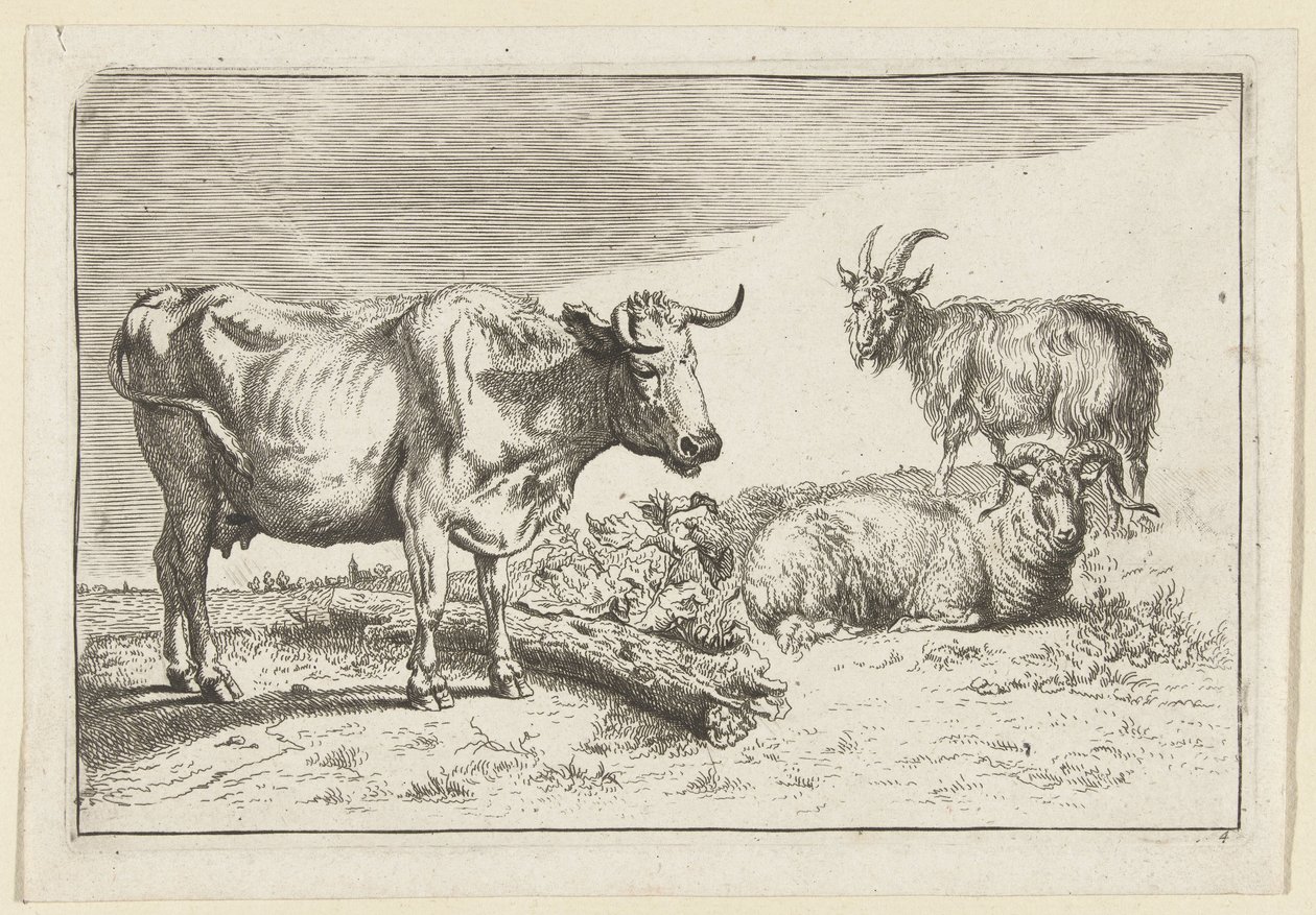 Standing Cow with Twisted Horn with a Sheep and a Goat by Anonymous