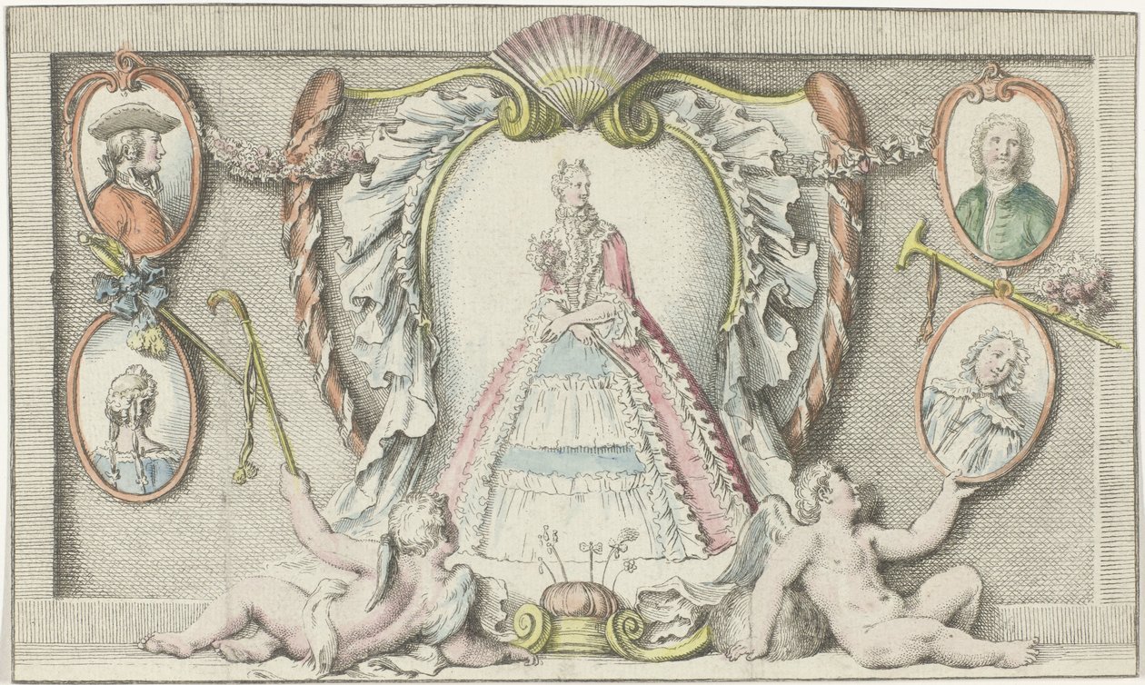 Standing woman, two putti, and four medallions by Anonymous