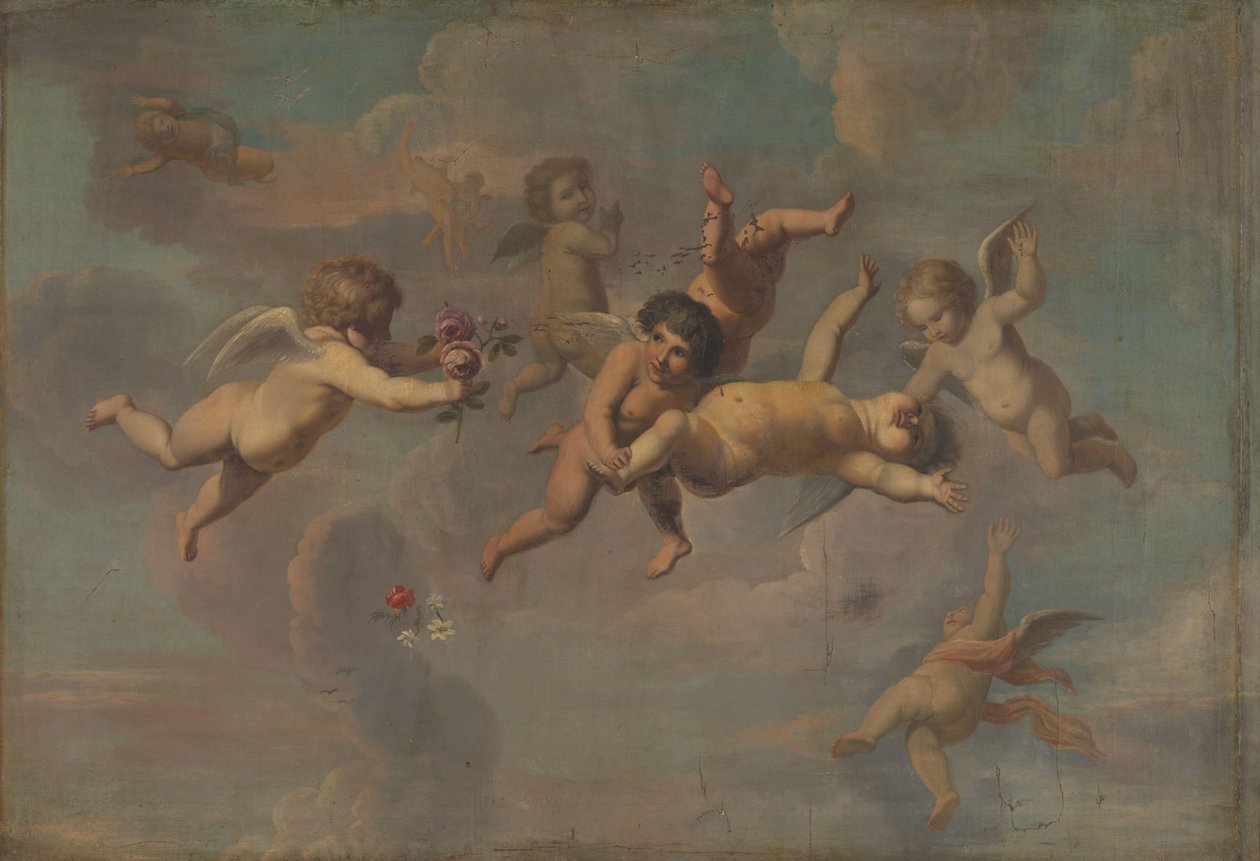 Tumbling Putti with Flowers by Anonymous