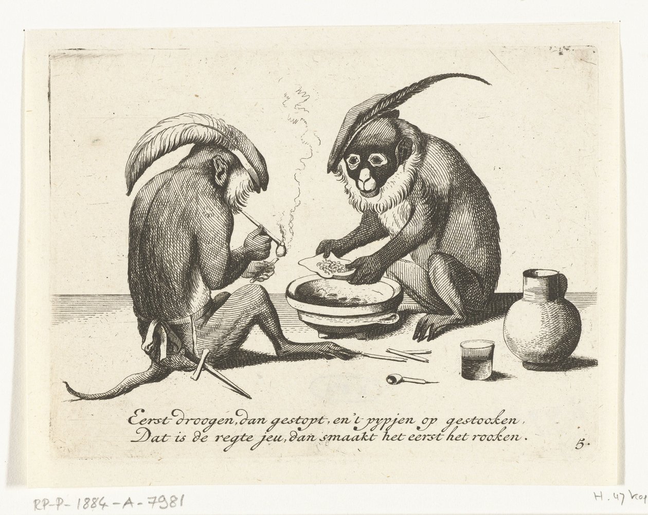 Two Monkeys Smoking a Pipe (Various Occupations of Human Life Represented by Monkeys series) by Anonymous